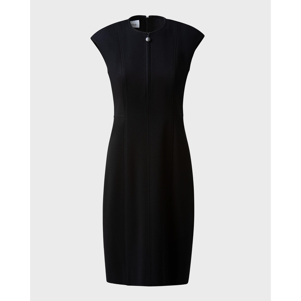 Akris punto Black Shift Dress 18 Zip Mock Neck Cap Sleeve Modern Office Wear LBD